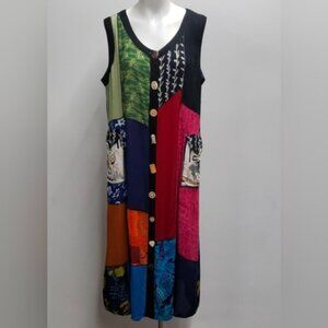 La Cera Novelty Button Patchwork Rayon Print Dress Women's Size Large